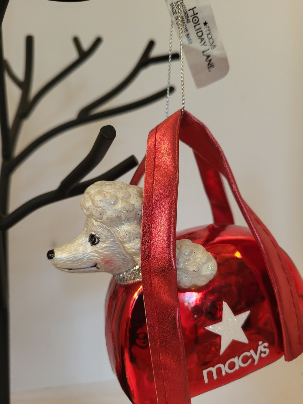 2014 Macy's Holiday Red Poodle Glass Ornament 4.5"